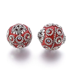 Red Handmade Indonesia Beads, with Metal Findings, Antique Silver Plated, Round, Red, 20~21x19~20mm, Hole: 1.5mm
