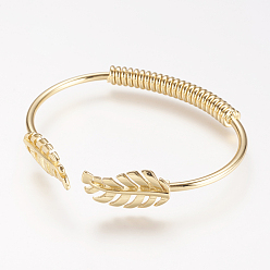 Real 18K Gold Plated Brass Cuff Bangle, Real 18K Gold Plated, Leaf, Golden, 2 inchx2-1/4 inch(50x58mm)