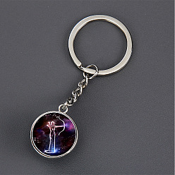 Sagittarius Luminous Glass Pendant Keychain, with Alloy Key Rings, Glow In The Dark, Round with Constellation, Sagittarius, 8.1cm