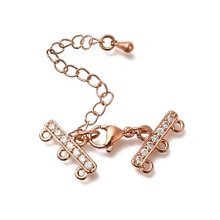 Розовое Золото Стойки обшивки латунь когтя омара застежками, с концевыми цепями и звеньями из прозрачного кубического циркония, долговечный, без свинца и без кадмия, прямоугольные, 3 нитей, 6-луночное, розовое золото , 23 мм, отверстие : 1.2 мм