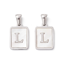 Letter L 304 Stainless Steel Pave Shell Pendants, Rectangle Charm, Stainless Steel Color, Letter L, 17.5x12x1.5mm, Hole: 3x5mm