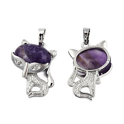 Amethyst Natural Amethyst Pendants, with Platinum Plated Brass Findings, Cat Charm, 30.5x25x9mm, Hole: 5x7.5mm