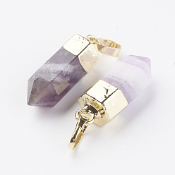 Amethyst Natural Amethyst Pointed Pendants, with Brass Findings, Bullet, Golden, 19~21x7mm, Hole: 4x6mm