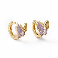 Medium Purple Clear Cubic Zirconia Butterfly Hoop Earrings with Enamel, Real 18K Gold Plated Brass Jewelry for Women, Lead Free & Cadmium Free, Medium Purple, 11.5x13x10mm, Pin: 1mm