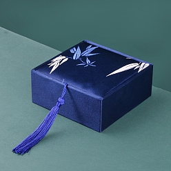 Dark Blue Chinese Style Bamboo Leaf Brocade & Satin Box, for Bracelet, Earring, Square, Dark Blue, 10x10x4cm