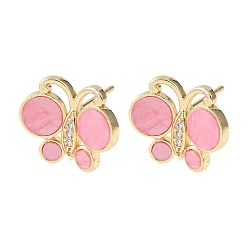 Бледно-Розовый Латунные микро проложить серьги стержня кубического циркония, cmолой, реальный 18 k позолоченный, долговечный, без кадмия и без свинца, стойки покрытие, розовый жемчуг, 13x15.5 мм