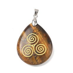 Тигровый глаз Природных тигровый глаз подвески, с реечной обшивкой латунными выводами, без кадмия и без свинца, очарование слезы, 31x25x5~7 мм, отверстие : 4.5x4 мм