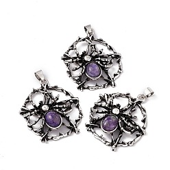 Charoite Natural Charoite Pendants, Flat Round with Spider Charms, with Antique Silver Color Brass Findings, 37~38x34~35x9mm, Hole: 5x4mm