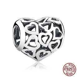 Antique Silver 925 Sterling Silver European Beads, Large Hole Beads, Heart, Antique Silver, 10x10mm, Hole: 4.2~4.5mm