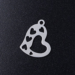 Stainless Steel Color 201 Stainless Steel Open Pendants, Hollow Heart with Heart, Stainless Steel Color, 16x12.5x1mm, Hole: 1.4mm