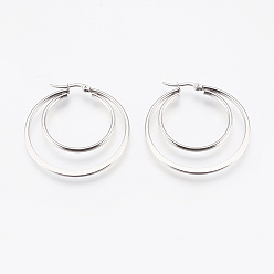 Stainless Steel Color 201 Stainless Steel Hoop Earrings, with 304 Stainless Steel Pin, Hypoallergenic Earrings, Double Ring, Stainless Steel Color, 12 Gauge, 45x44x2mm, Pin: 0.7x1mm