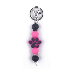 Hot Pink Round & Dog Paw Print Silicone Beaded Keychain, with Iron Findings, for Car Backpack Pendant Accessories, Hot Pink, 11.5cm