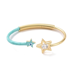 Medium Turquoise Enamel Star with Evil Eye Open Cuff Bangle with Clear Cubic Zirconia, Real 18K Gold Plated Brass Jewelry for Women, Medium Turquoise, Inner Diameter: 2-5/8 inch(6.6cm)