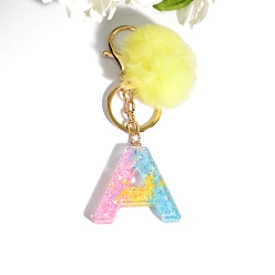 Letter A Resin Keychains, Pom Pom Ball Keychain, with KC Gold Tone Plated Iron Findings, Letter.A, 11.2x1.2~5.7cm