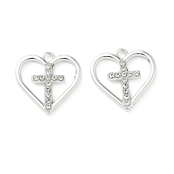 Платина Подвески из сплава и страза, Подвески в виде сердца и креста, uv покрытие, платина, 15.5x16x2 мм, отверстие : 1.6 мм