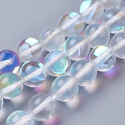 Clear Synthetic Moonstone Beads Strands, Holographic Beads, Round, Clear, 10mm, Hole: 1mm, about 39pcs/strand, 15.16 inch(38.5cm)