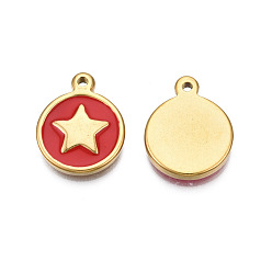 Dark Red 304 Stainless Steel Enamel Pendants, Real 18K Gold Plated, Flat Round with Star, Dark Red, 19x15x2.5mm, Hole: 1.6mm