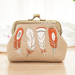 Feather DIY Kiss Lock Coin Purse Embroidery Kit, Including Embroidered Fabric, Embroidery Needles & Thread, Metal Purse Handle, Feather Pattern, 130x40x95mm