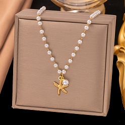 Золотой Богемный океан 304 кулон в виде морской звезды из нержавеющей стали, белая круглая пластиковая цепочка с жемчужными звеньями для женщин, золотые, 18.11 дюйм (46 см), Кулон : 17.5x14.5 мм