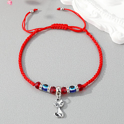 Little Cat Red String U-shaped Owl Charm Bracelet with Flower Pendant for Women and Girls