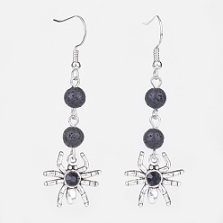 Lava Rock Tibetan Style Glass Spider Dangle Earrings, with Natural Lava Rock and Platinum Tone Brass Earring Hooks, 58mm, Pin: 0.5mm