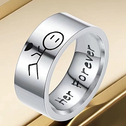 Stainless Steel Color Titanium Steel Wind Band Rings for Women Men, Human with Heart Couple Rings, Stainless Steel Color, 6mm, Inner Diameter: 17.4mm