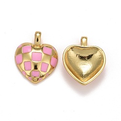 Pink Подвески из латуни с эмалью в стойку, долговечный, реальный 18 k позолоченный, без свинца и без кадмия, 3 d сердца, розовые, 15x12x3.5 мм, отверстие : 1x2.5 мм