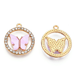 Pearl Pink Alloy Pendants, with Crystal Rhinestone and Acrylic, Ring with Butterfly Charm, Light Gold, Cadmium Free & Nickel Free & Lead Free, Pearl Pink, 18.5x16x2~3mm, Hole: 1.2mm