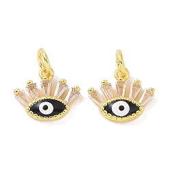 Black Real 18K Gold Plated Brass Micro Pave Cubic Zirconia Pendants, with Enamel and Jump Ring, Evil Eye Charms, Black, 10x12x3mm, Hole: 3.5mm