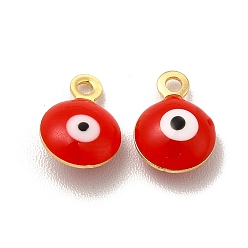 Red 304 Stainless Steel Evil Eye Enamel Charms, Flat Round Charm, Golden, Red, 7.5x6x3mm, Hole: 1mm