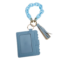 Steel Blue PU Leather Photocard Holders, Hanging Card Protector Sleeve, Name Card Holder with Tassel & Acrylic Chain, Rectangle, Steel Blue, 70x60mm