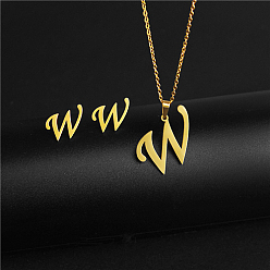 Letter W Golden Stainless Steel Initial Letter Jewelry Set, Stud Earrings & Pendant Necklaces, Letter W, No Size