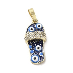 Midnight Blue Brass Micro Pave Cubic Zirconia Pendants, with Enamel, Real 18K Gold Plated, Slipper
 with Evil Eye, Midnight Blue, 23x10.5x5mm, Hole: 3.5x5.5mm