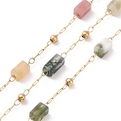 Indian Agate Natural Indian Agate Rectangle Beaded Chains, with Golden 304 Stainless Steel Findings, Unwelded, 4~4.5x2~2.5x2~2.5mm