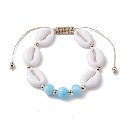 Seashell Color Adjustable Acrylic Shell Shape Braided Bead Bracelet for Women, Seashell Color, Inner Diameter: 1-5/8~3-1/4 inch(4.2~8.2cm)