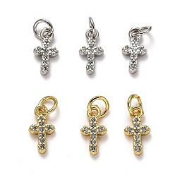 Mixed Color Brass Micro Pave Cubic Zirconia Tiny Cross Charms, with Jump Rings, Long-Lasting Plated, Mixed Color, 12x6x2mm, Hole: 3mm