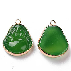Зеленый Природные подвески агат, с легкой позолоченной латунной фурнитурой, окрашенная и подогревом, очарование будды, зелёные, 27.5~29x22.5~23x6.5~9 мм, отверстие : 2.5 мм