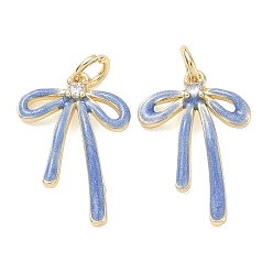 Aciano Azul Colgantes de zirconia cúbica transparente con pavé de latón chapado en bastidor, encantos del bowknot, con esmalte, anilla y purpurina, sin plomo y cadmio, larga duración plateado, real 18 k chapado en oro, azul aciano, 20x13x2.5 mm, agujero: 3.5 mm