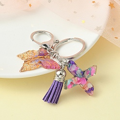 Letter X Resin Letter & Acrylic Butterfly Charms Keychain, Tassel Pendant Keychain with Alloy Keychain Clasp, Letter X, 9cm