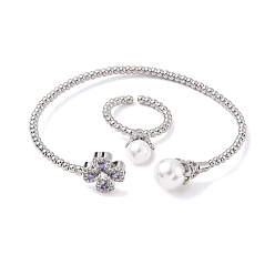 Лиловый Комплекты колец и браслетов-манжет с клевером из латуни с микропаве из кубического циркония для женщин, с акриловой жемчужины, стойки покрытие, платина, сирень, браслет: 3~13ширина мм, внутренний диаметр: 63x54 мм