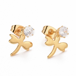 Golden Dragonfly 304 Stainless SteelStud Earrings, with 316 Stainless Steel Pin & Glass Imitation Cubic Zirconia, Golden, 14x10mm, Pin: 0.7mm
