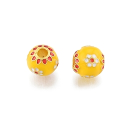 Yellow Alloy Enamel Beads, Matte Gold Color, Rondelle with Flower, Yellow, 9~9.5x9mm, Hole: 3mm