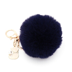 Black Imitation Rabbit Fur Pom-Pom & Cat Keychain, Bag Pendant Decoration, Black, 8cm