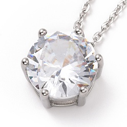 Прозрачный Ожерелье с подвеской из плоского круглого кубического циркония, нержавеющая сталь с цветным покрытием 304 украшения из нержавеющей стали для женщин, прозрачные, 17.52 дюйм (44.5 см)