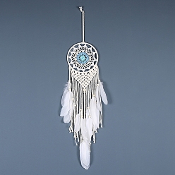 Sky Blue Iron Bohemian Woven Web/Net with Feather Macrame Wall Hanging Decorations, for Home Bedroom Decorations, Sky Blue, 590mm