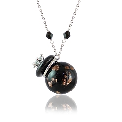 Black Round with Crown Lampwork Perfume Bottle Necklaces, with Titanium Steel Chains, Black, 23.62 inch(60cm), Capacity: 0.5ml(0.02fl. oz)
