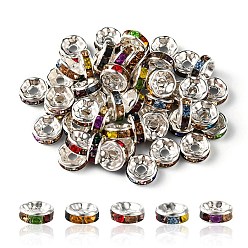 Silver Iron Flat Round Spacer Beads, with Colorful Rhinestone, Silver, 8mm