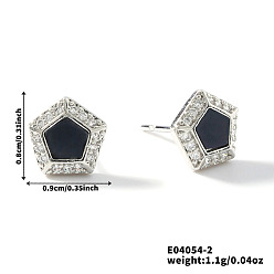Черный Латунные серьги-гвоздики с прозрачным кубическим цирконием в форме пятиугольника, платина, чёрные, 8x9 мм