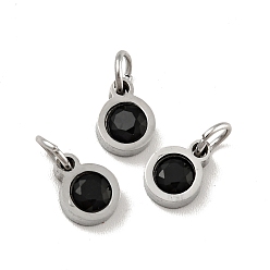 Black 304 Stainless Steel Pendants, with Cubic Zirconia and Jump Rings, Single Stone Charms, Flat Round, Stainless Steel Color, Black, 7.5x5.5x2.5mm, Hole: 3.6mm