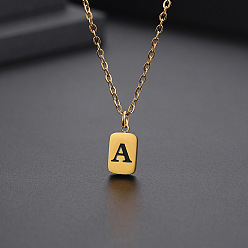 Letter A Titanium Steel Rectangle with Initial Letter Pendant Necklace with Cable Chains for Women, Golden, Letter.A, 17.72 inch(45cm)